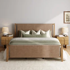 Faux Leather King Bed Frame with 2 Arched Nightstands Set Light Brown