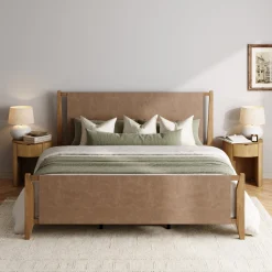 Faux Leather King Bed Frame with 2 Curved Nightstands Set Light Brown
