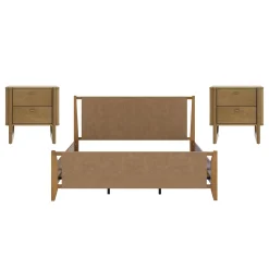Faux Leather King Bedroom Set with 2 Nightstands Light Brown