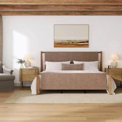 Faux Leather King Bedroom Set with 2 Nightstands Light Brown