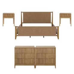 Faux Leather King Bedroom Set with 2 Fluted Dressers & 2 Nightstands Light Brown