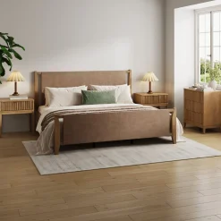 Faux Leather King Bedroom Set with 1 Fluted Dresser & 2 Nightstands Light Brown