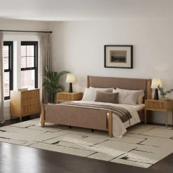 Faux Leather King Bedroom Set with 1 Fluted Dresser & 2 Nightstands Light Brown