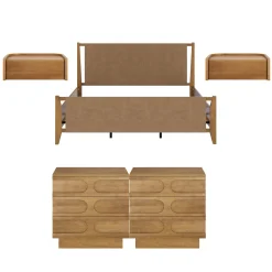 Faux Leather King Bedroom Set with 2 Dressers & 2 Nightstands Light Brown