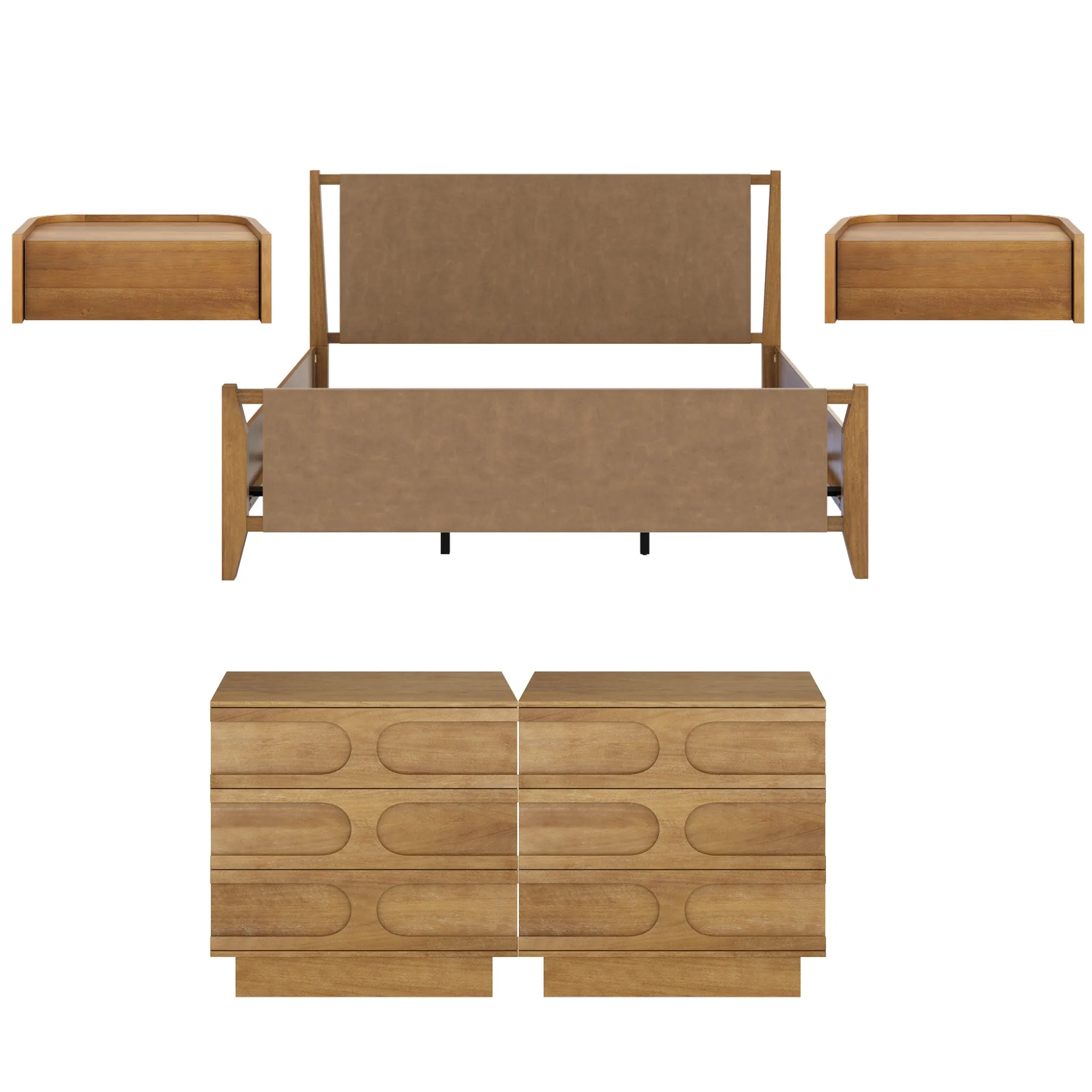 Faux Leather King Bedroom Set with 2 Dressers & 2 Nightstands Light Brown