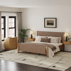 Faux Leather King Bedroom Set with 1 Dresser & 2 Nightstands Light Brown