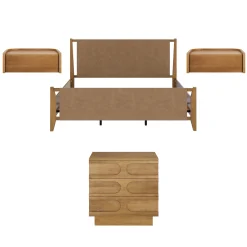Faux Leather King Bedroom Set with 1 Dresser & 2 Nightstands Light Brown