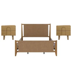 Faux Leather Queen Bed Frame with 2 Arched Nightstands Set Light Brown