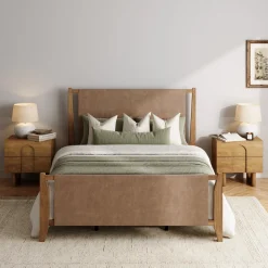Faux Leather Queen Bed Frame with 2 Arched Nightstands Set Light Brown