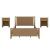 Faux Leather Queen Bed Frame with 2 Curved Nightstands with Drawer Set Light Brown