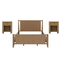 Faux Leather Queen Bed Frame with 2 Curved Nightstands with Drawer Set Light Brown