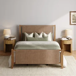 Faux Leather Queen Bed Frame with 2 Curved Nightstands with Drawer Set Light Brown