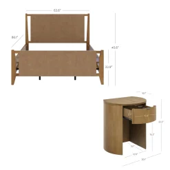Faux Leather Queen Bed Frame with 2 Curved Nightstands with Drawer Set Light Brown