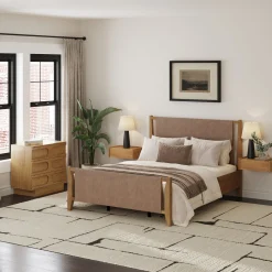 Faux Leather Queen Bedroom Set with 1 Dresser & 2 Nightstands Light Brown