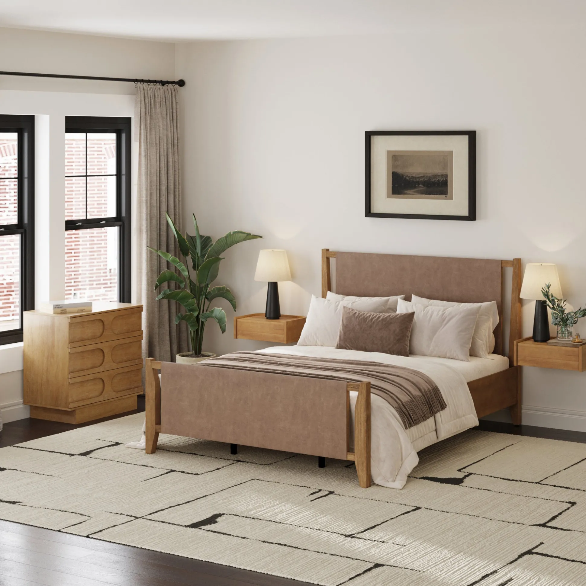 Faux Leather Queen Bedroom Set with 1 Dresser & 2 Nightstands Light Brown