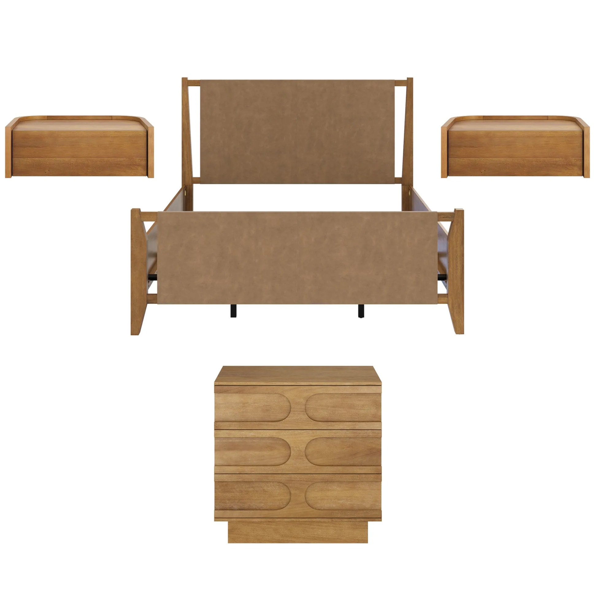 Faux Leather Queen Bedroom Set with 1 Dresser & 2 Nightstands Light Brown