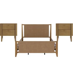 Faux Leather Queen Bedroom Set with 2 Nightstands Light Brown