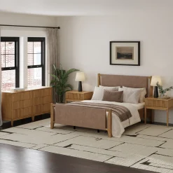 Faux Leather Queen Bedroom Set with 2 Fluted Dressers & 2 Nightstands Light Brown