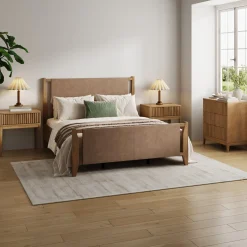 Faux Leather Queen Bedroom Set with 1 Fluted Dresser & 2 Nightstands Light Brown