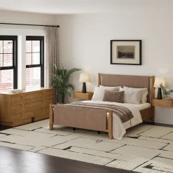 Faux Leather Queen Bedroom Set with 2 Dressers & 2 Nightstands Light Brown