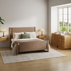 Faux Leather Queen Bedroom Set with 2 Dressers & 2 Nightstands Light Brown