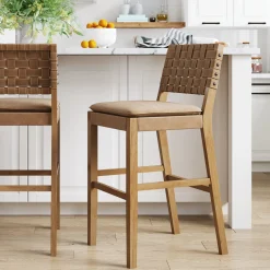 Faux Leather Woven Bar Stool Brown