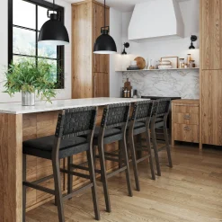 Faux Leather Woven Bar Stool Black