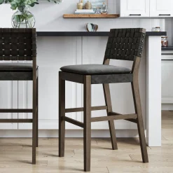 Faux Leather Woven Bar Stool Black