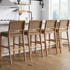 Faux Leather Woven Bar Stools Brown (Set of 4)