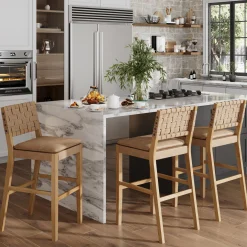 Faux Leather Woven Bar Stools Brown (Set of 3)