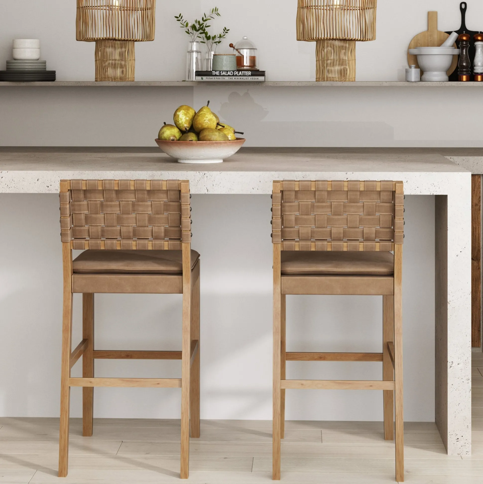 Faux Leather Woven Bar Stools Brown (Set of 2)