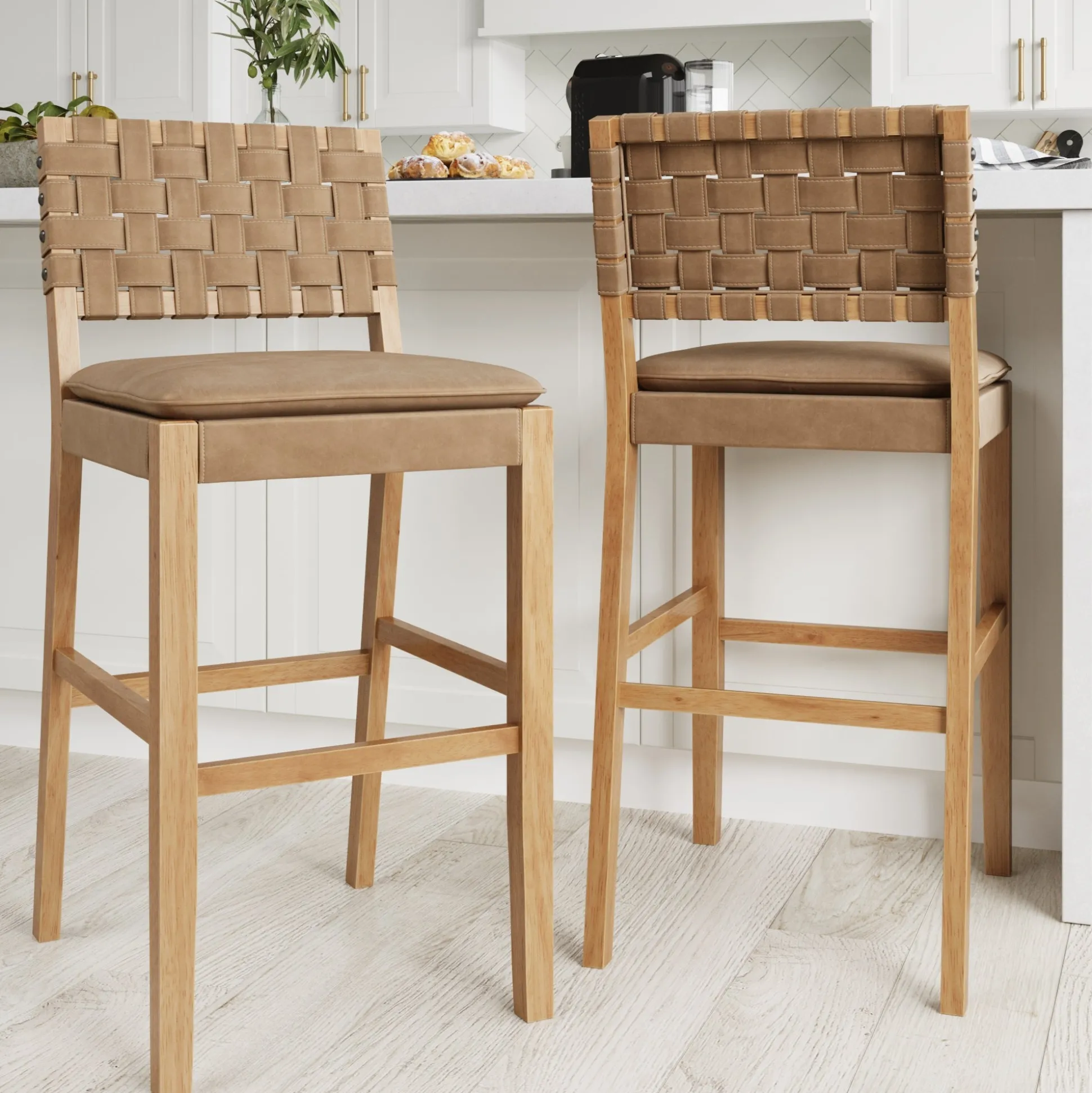 Faux Leather Woven Bar Stools Brown (Set of 2)