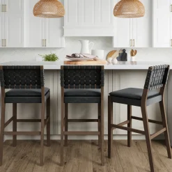 Faux Leather Woven Bar Stools Black (Set of 3)