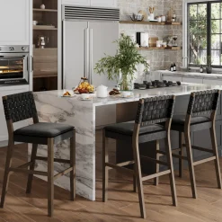Faux Leather Woven Bar Stools Black (Set of 3)