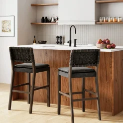 Faux Leather Woven Bar Stools Black (Set of 2)