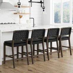 Faux Leather Woven Counter Height Bar Stools Black (Set of 4)