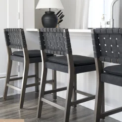 Faux Leather Woven Counter Height Bar Stools Black (Set of 3)