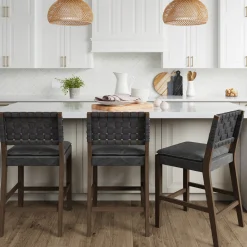 Faux Leather Woven Counter Height Bar Stools Black (Set of 3)