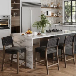 Faux Leather Woven Counter Height Bar Stools Black (Set of 3)