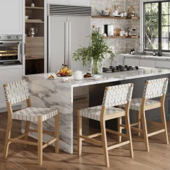Faux Leather Woven Counter Height Bar Stools Off White (Set of 3)
