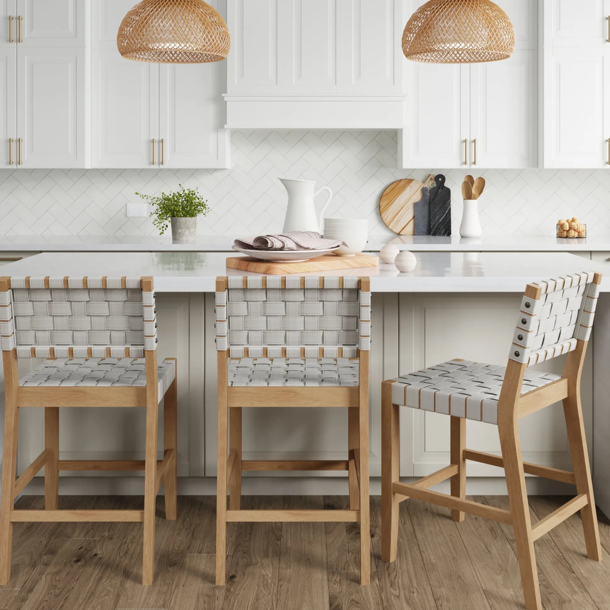 Faux Leather Woven Counter Height Bar Stools Off White (Set of 3)