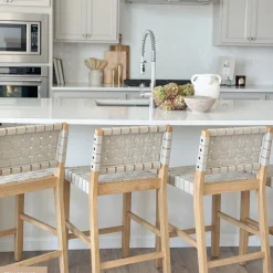 Faux Leather Woven Counter Height Bar Stools Off White (Set of 3)