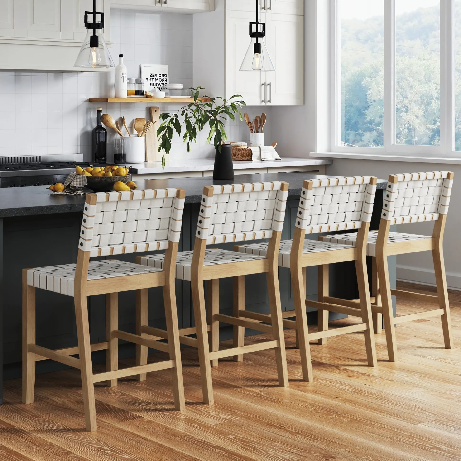 Faux Leather Woven Counter Height Bar Stools Off White (Set of 4)