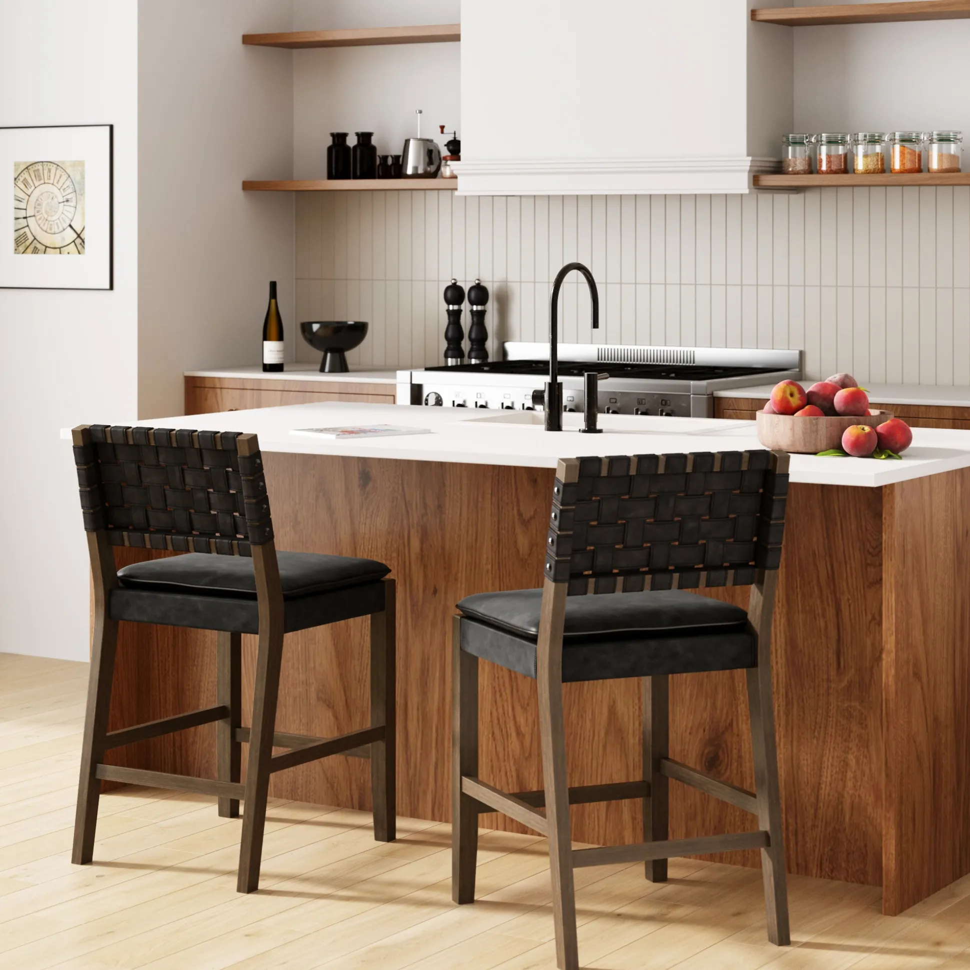 Faux Leather Woven Counter Height Bar Stools Black (Set of 2)