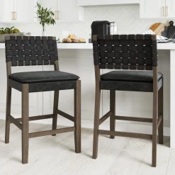 Faux Leather Woven Counter Height Bar Stools Black (Set of 2)