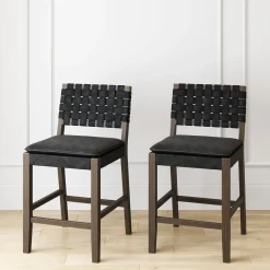 Faux Leather Woven Counter Height Bar Stools Black (Set of 2)