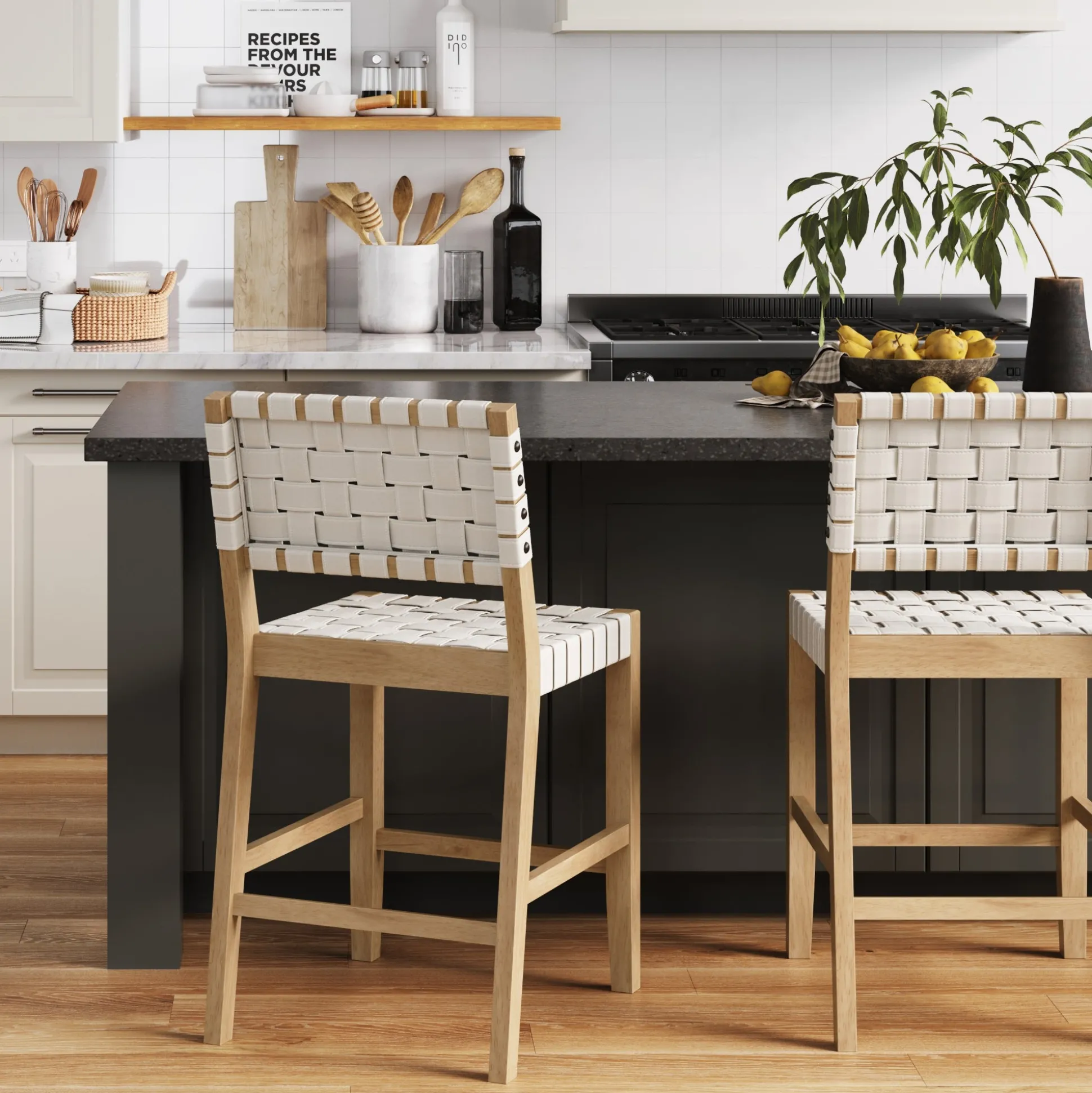 Faux Leather Woven Counter Height Bar Stools Off White (Set of 2)