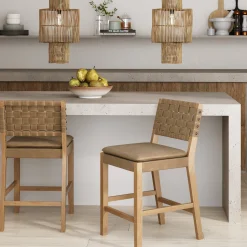 Faux Leather Woven Counter Height Bar Stool Brown