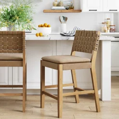 Faux Leather Woven Counter Height Bar Stool Brown