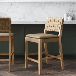 Faux Leather Woven Counter Height Bar Stool Brown